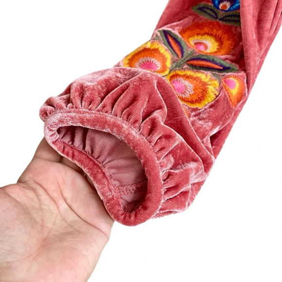 Floryday Blush Pink Velvet Embroidered Blouse Medium | Boho Tassel Tie Top - Picture 7 of 15